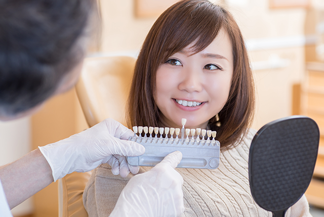 歯の色を模型で確認される女性